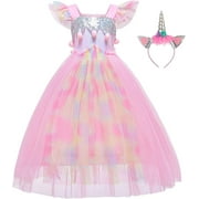 Girls Unicorn Costume Pageant Princess Party Dress with Headband 3-9T